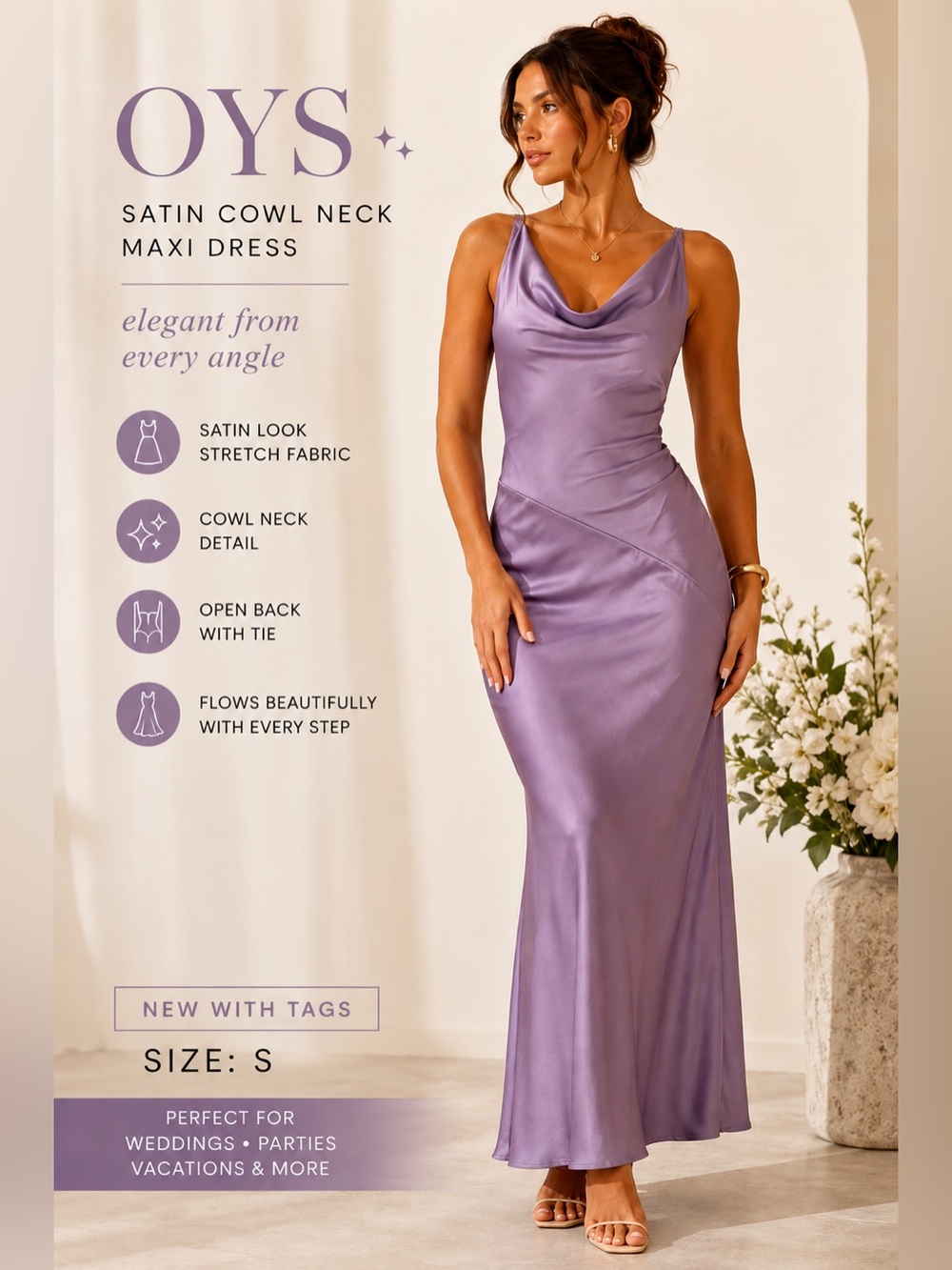 OYS Lavender Satin Cowl Neck Open Back Maxi Dress NWT S